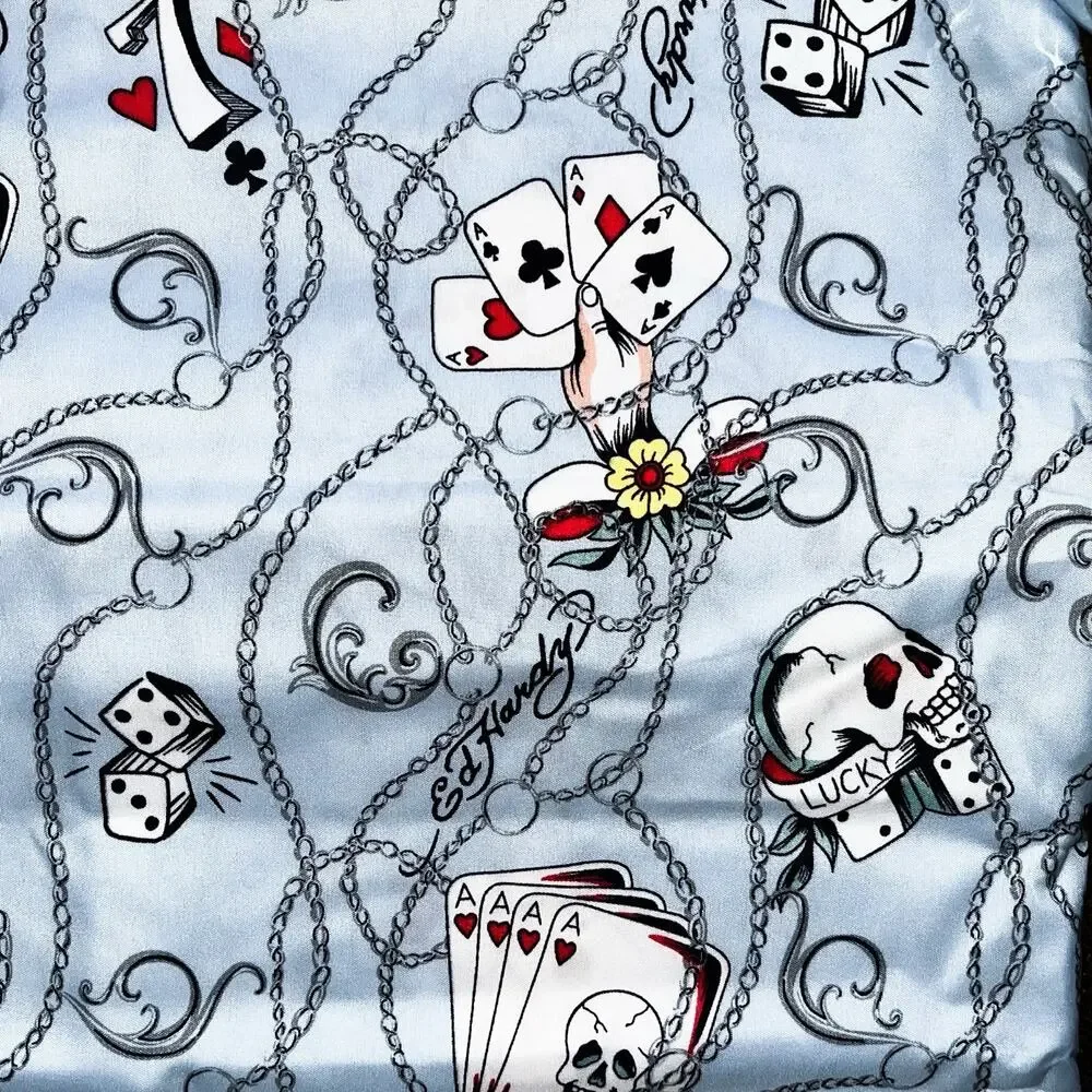 NEW Ed Hardy 6 Piece Sheet Set Extra Pillowcases - Blue Skulls Cards, Queen Size